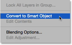 انتخاب Convert to Smart Object از menu پنل لایه ها ( تبدیل لایه عکس به Smart Object در فتوشاپ )