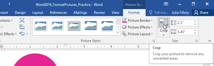 انتخاب ابزار Crop - Format یا قالب بندی تصاویر در Word 2016