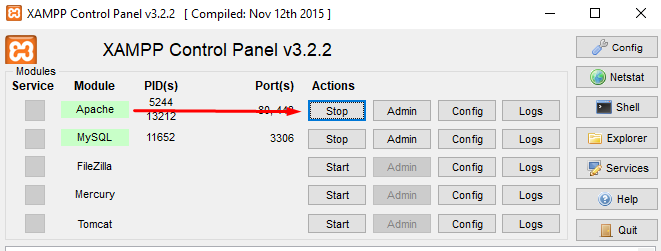 xampp control panel v3.2.2