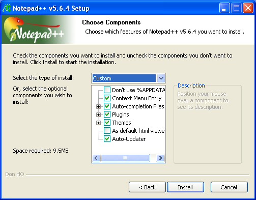 پنجره انتخاب کامپوننت در نصب نرم افزار ++notpad