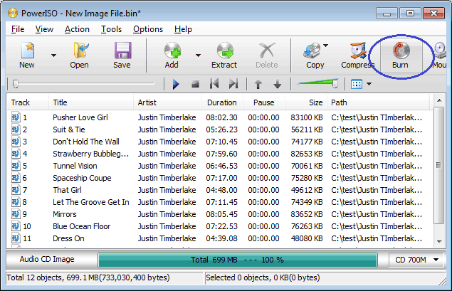رایت فایل MP3 روی CD/DVD در PowerISO - شروع فرآیند رایت