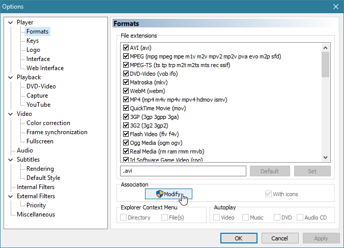 تنظیمات فرمت چند رسانه ای در Media Player Classic - انتخاب Modify