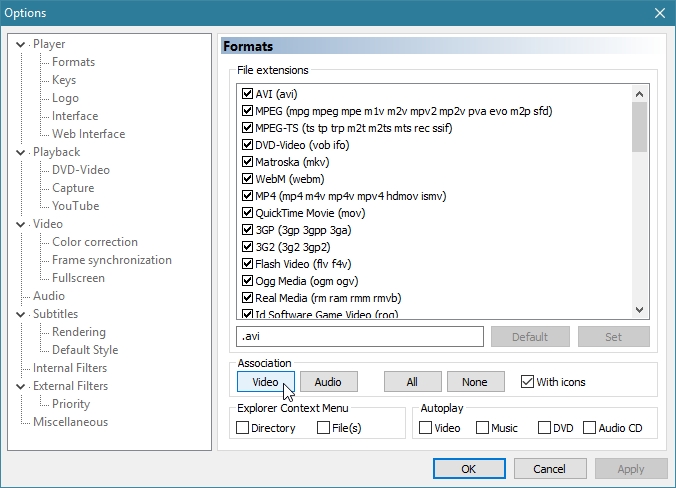 تنظیمات فرمت در Media Player Classic - انتخاب نوع فایل