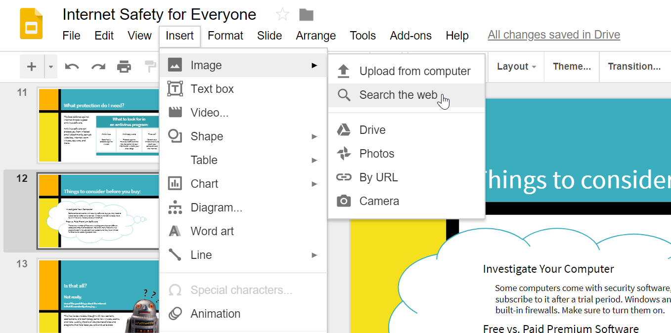 تصویر و شکل در Google Slides