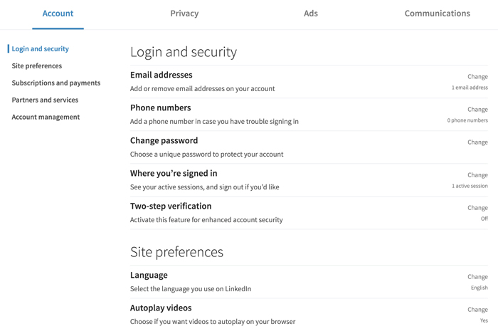 تنظیمات و حریم خصوصی در linkedin