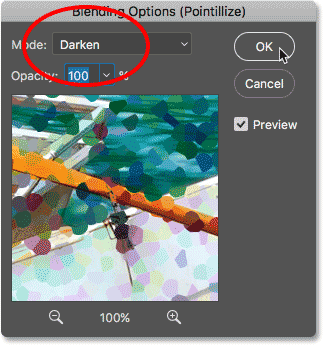 حالت Pointillize Filter's Blend Mode را به Darken تغییر دهید