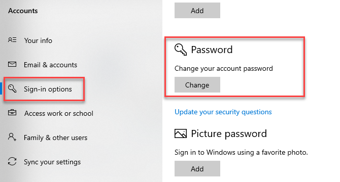 تغییر رمز عبور در ویندوز 10