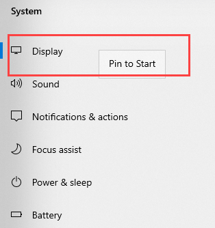 pin display setting to start menu