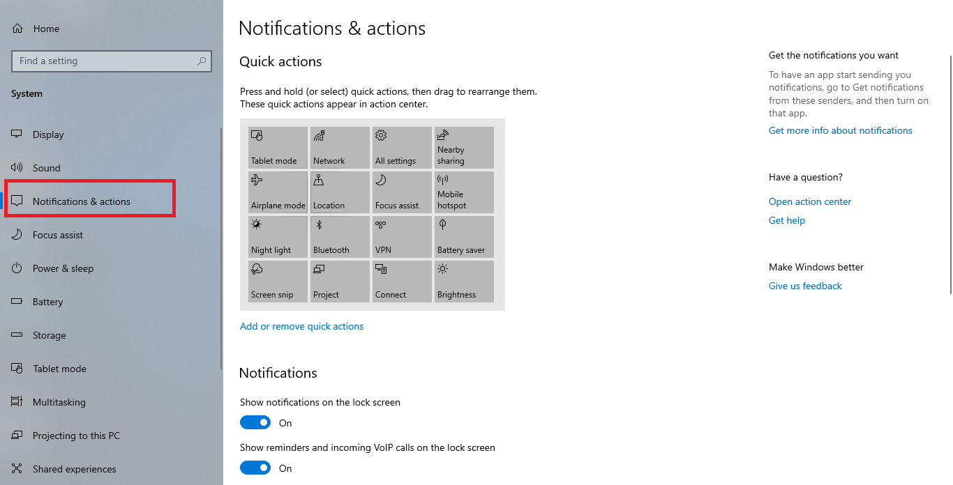 quick actions setting