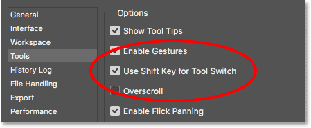 Use Shift Key for Tool Switch - بررسی تنظیمات Preferences در فتوشاپ