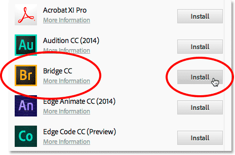 نصب Adobe Bridge CC - پیمایش به پایین برای Bridge CC و کلیک روی Install