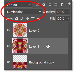 انتخاب "Layer 1" و تغییر حالت ترکیبی آن به Luminosity.