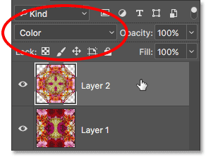 انتخاب "Layer 2" و تغییر حالت ترکیبی آن به Color.