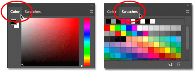 با کلیک بر روی زبانه ها ، بین پانل های Color و Swatches جابجا شوید - جابجایی بین پانل ها در یک گروه در فتوشاپ
