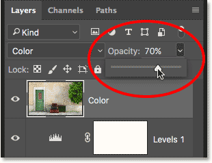 تنظیم opacity به 70 درصد برای لایه Color ( ایجاد Levels Adjustment و تغییر Blend Mode به Multiply )