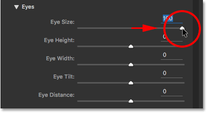 درجه 100 برای eye size ( تغییر چشم ها ، بینی و حالت دهان در فتوشاپ )