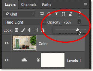 مقدار opacity 75 درصد برای Hard Light ( ایجاد Levels Adjustment و تغییر Blend Mode به Multiply )
