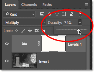 تنظیم مقدار opacity ( ایجاد Levels Adjustment و تغییر Blend Mode به Multiply )
