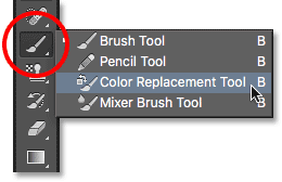 ابزار جایگزینی رنگ (انتخاب Color Replacement Tool و تنظیم قلم )