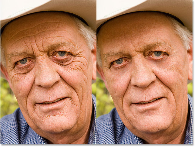 تصویر قبل و بعد از روتوش در فتوشاپ ( تنظیم Blend Mode به Lighten و کاهش Opacity )