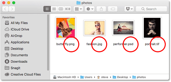 تنظیم فتوشاپ بعنوان ویرایشگر تصویر پیش فرض در Mac OS X - پنجره Finder که چهار فایل تصویر را نشان می دهد.