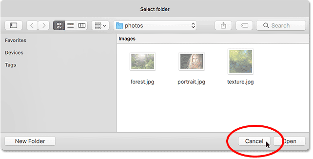 باز کردن چند تصویر به عنوان لایه ها در فتوشاپ - برای بستن پنجره روی "cancel" کلیک کنید.