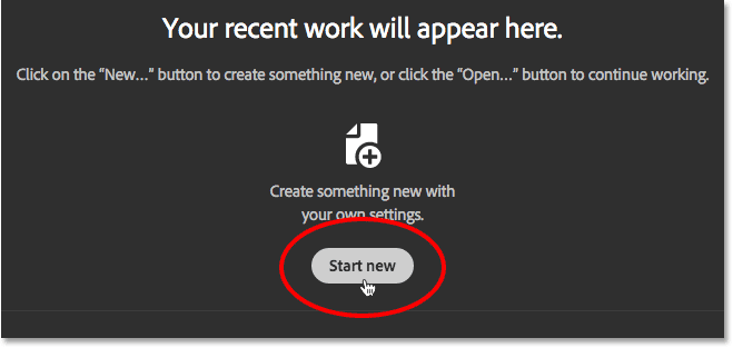 دکمه "Start new" - آپدیت فضای کاری Start در Photoshop CC