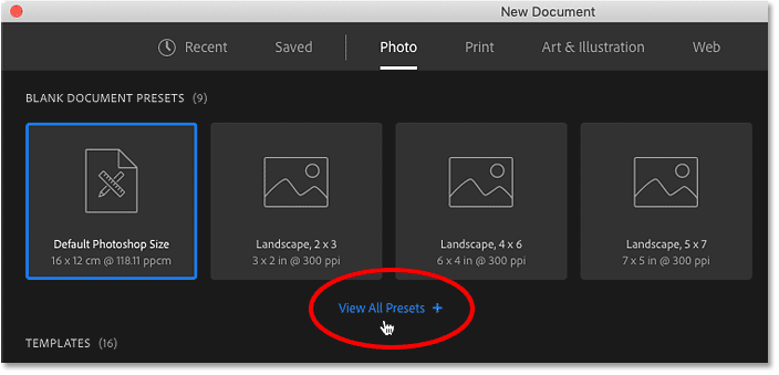نحوه ایجاد اسناد جدید در Photoshop CC - با کلیک بر روی گزینه "+View All Presets"