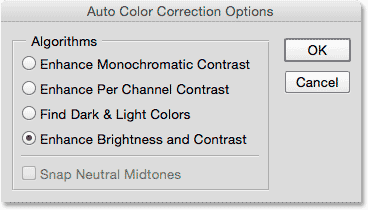کادر Auto Color Correction Options ( افزودن یک لایه تنظیم Levels یا Curves )
