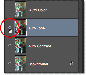 کلیک بر آیکون visibility لایه Auto Tone به منظور مقایسه نتایج ( انتخاب دستور Auto Tone در فتوشاپ )