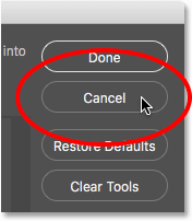 دکمه cancel برای بستن کادر customize toolbar ( انتخاب ابزارها و حذف ابزار از Toolbar )