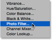 انتخاب Photo Filter adjustment layer ( افزودن یک فیلتر تنظیم در فتوشاپ )