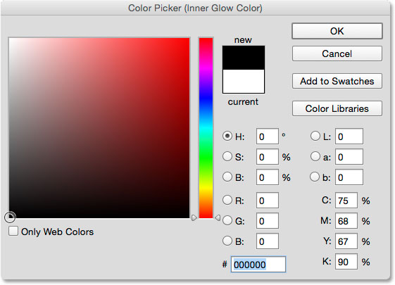 انتخاب رنگ سیاه از Color Picker ( افزودن یک Color Overlay در فتوشاپ )
