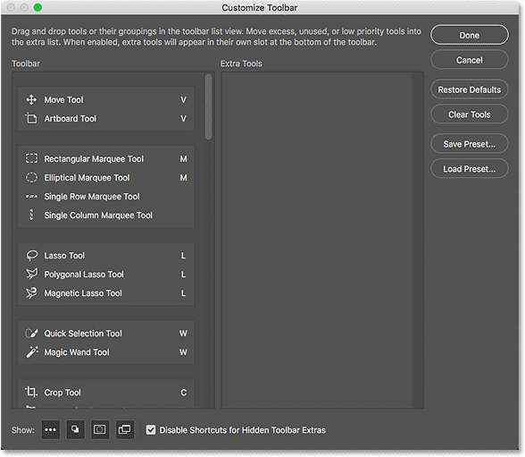 کادر customize toolbar ( انتخاب ابزارها و حذف ابزار از Toolbar )