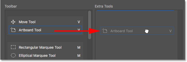 کشیدن artboard tool به سمت راست ( انتخاب ابزارها و حذف ابزار از Toolbar )