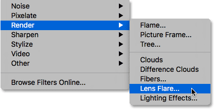 fillter>render> lensflare ( اجرای فیلتر Lens Flare و ایجاد یک لایه خالی )