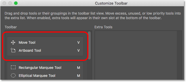 هم گروه move tool و artboard tool ( انتخاب ابزارها و حذف ابزار از Toolbar )