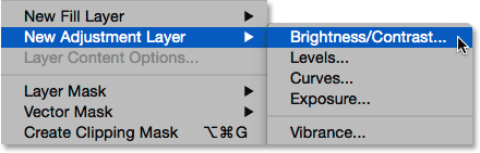 Layer > New Adjustment Layer > Brightness/Contrast ( افزودن یک Brightness/Contrast در فتوشاپ )