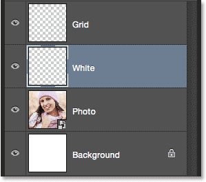 لایه جدید White به پنل لایه ها اضافه شده است ( انتخاب لایه Grid در فتوشاپ )