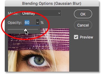 تنظیم مقدار 60 برای opacity برای حالت overlay ( کاهش مقدار Opacity و تغییر حالت Smart Filter )