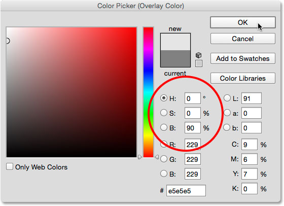 انتخاب رنگ خاکستری روشن در color picker ( افزودن یک Color Overlay در فتوشاپ )