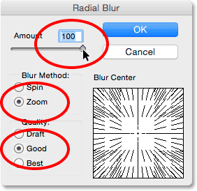 تنظیمات کادر Radial Blur ( استفاده از فیلتر Clouds در فتوشاپ )