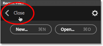 دکمه button برای بستن فایل ( آموزش کار با پنل Recent Files در فتوشاپ )