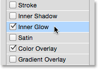 انتخاب inner glow ( افزودن یک Color Overlay در فتوشاپ )