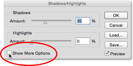 تنظیمات پیش فرض نوار لغزنده Shadows/Highlights ( انتخاب Shadows/Highlights در فتوشاپ )