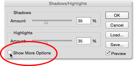 فعال کردن Show More Options ( آموزش تنظیمات Shadows/Highlights در فتوشاپ )