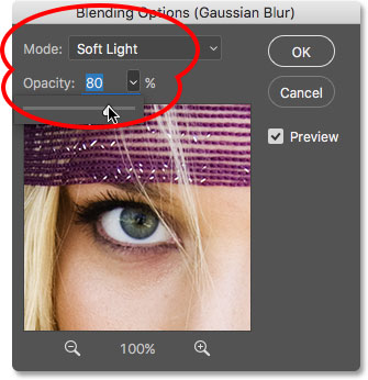 تنظیم مقدار 80 برای opacity برای حالت Soft Light ( کاهش مقدار Opacity و تغییر حالت Smart Filter )