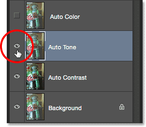انتخاب Auto Tone و فعال کردن آن با کلیک بر آیکون visibility ( انتخاب دستور Auto Tone در فتوشاپ )
