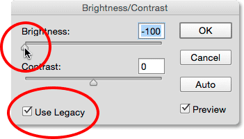 استفاده از حداقل Use Legacy ( بازیابی مقادیر Brightness/Contrast در فتوشاپ )