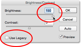 غیر فعال کردن Use Legacy به همراه brightness 150( بازیابی مقادیر Brightness/Contrast در فتوشاپ )